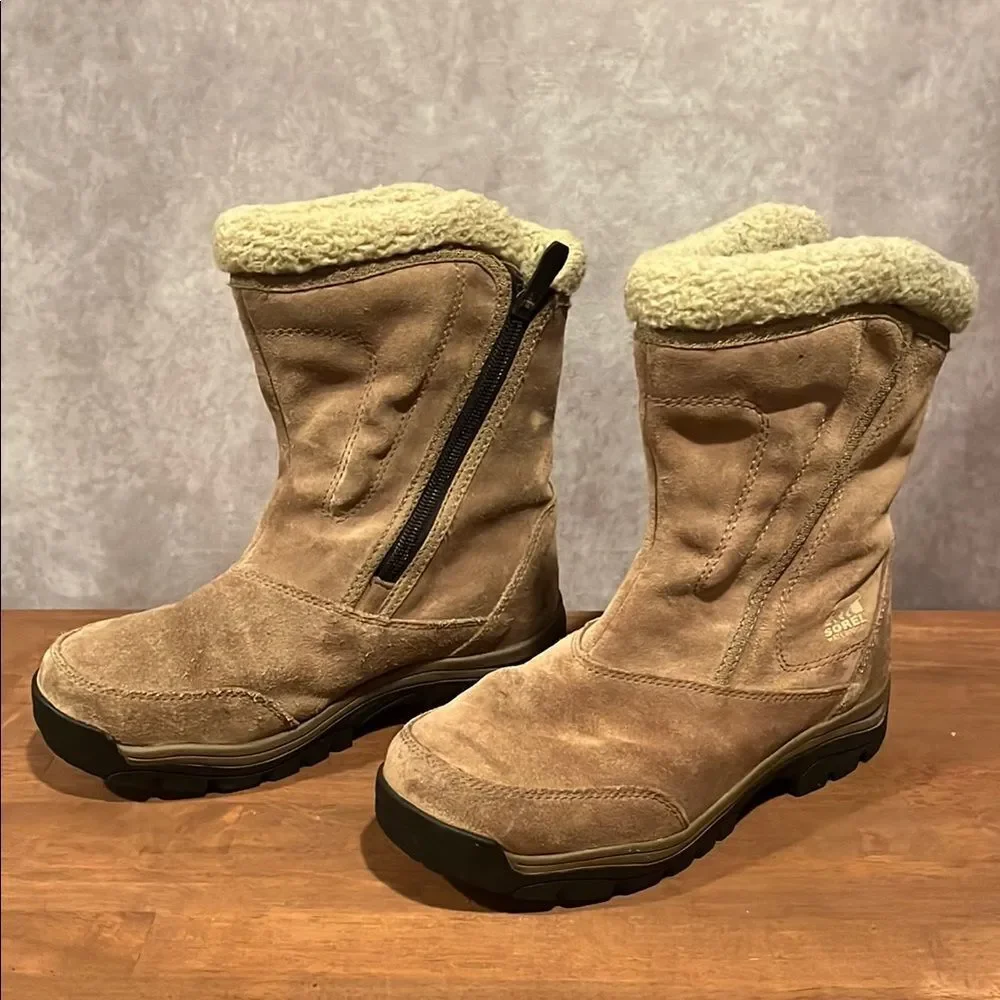 Sorel Women's Waterfall NL1964 Suede Winter Snow Boot Flax tan color size 7